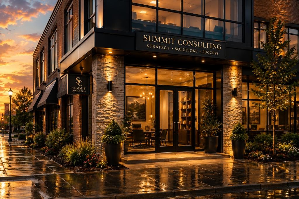 Illuminated commercial building at golden sunset with warm architectural lighting and wet pavement reflections