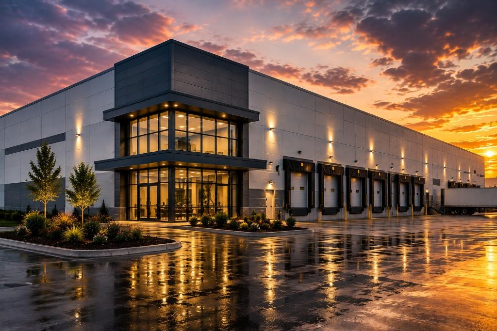 Modern commercial warehouse with illuminated office entrance, loading docks, and dramatic sunset lighting