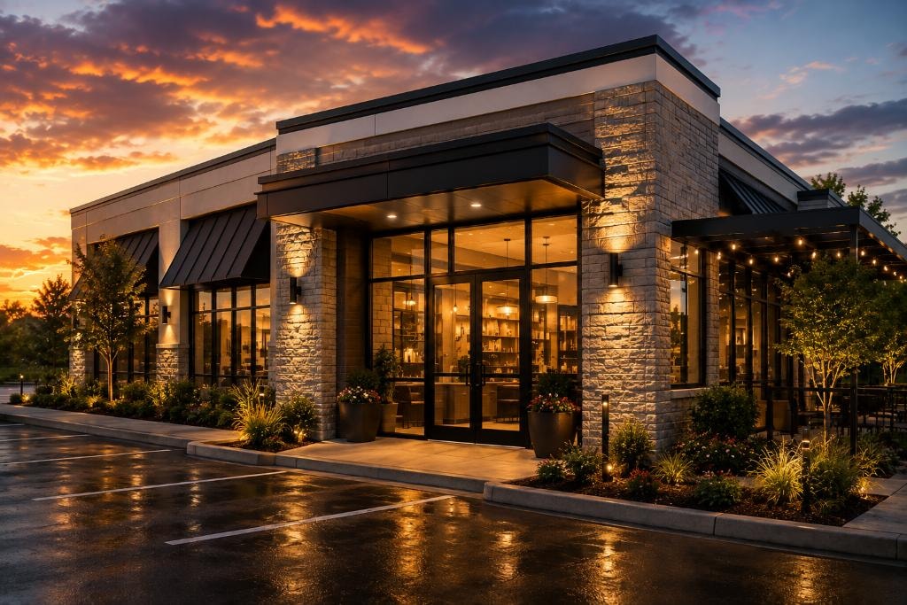 Modern commercial building with stone architecture, glass storefront, warm interior lighting and dramatic golden sunset