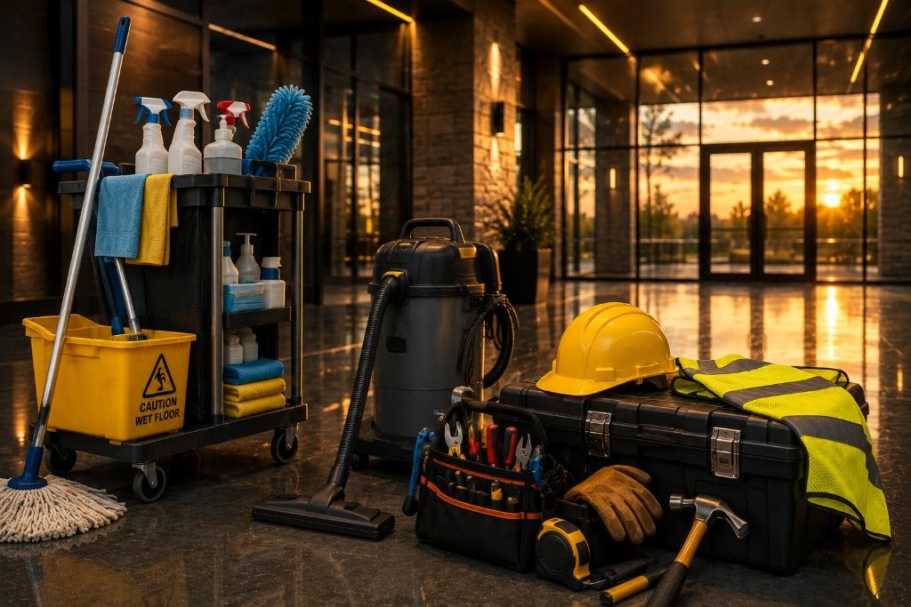 Professional cleaning cart with mop, commercial vacuum, and construction hard hat, safety vest, toolbox and tools in a modern commercial lobby at sunset