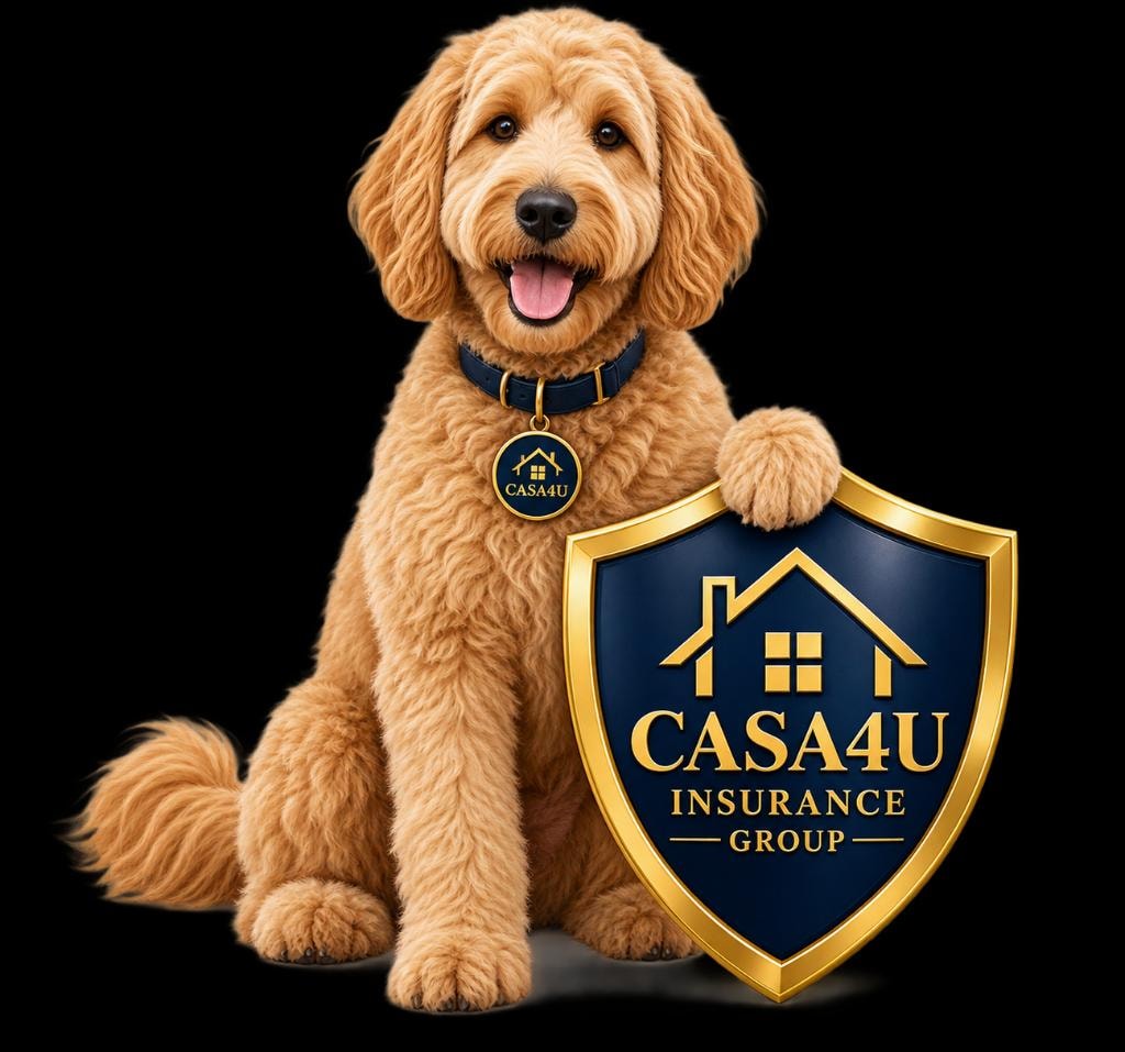 CASA4U Insurance Group Golden Doodle mascot holding the navy-and-gold CASA4U Insurance Group shield