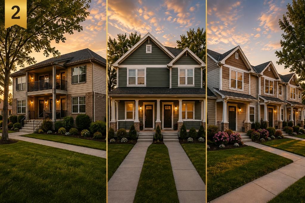 Three-panel collage of Midwestern multi-family rental properties separated by thin gold vertical lines: left panel shows a small two-story multi-unit building with balconies, center panel shows a craftsman-style duplex with covered porch, right panel shows attached townhome-style units with landscaping, all with warm golden-hour sunset lighting