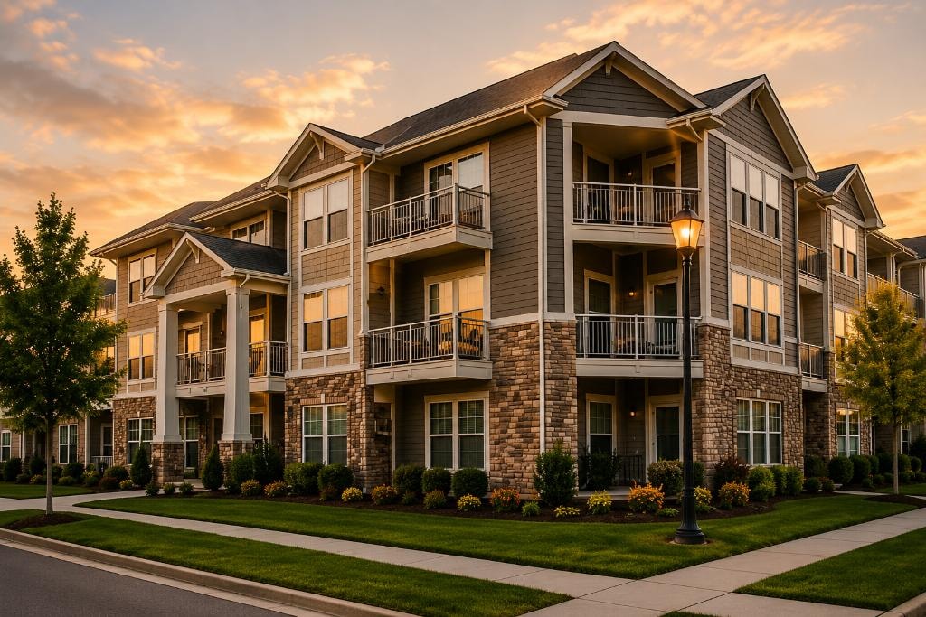 Attractive three-story Midwestern condominium building with balconies, stone and siding exterior, lamp post, mature landscaping, and warm golden-hour sunset lighting