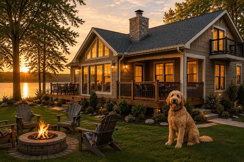 Inviting Wisconsin lakeside vacation rental home with fire pit, Adirondack chairs, Golden Doodle, and warm golden-hour sunset lighting