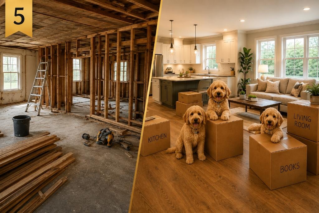 Before and after renovation split image: left side shows active Midwestern home renovation with exposed framing, ladder, and tools; right side shows completed move-in-ready kitchen and living area with moving boxes labeled Kitchen, Living Room, and Books, and three Golden Doodle puppies