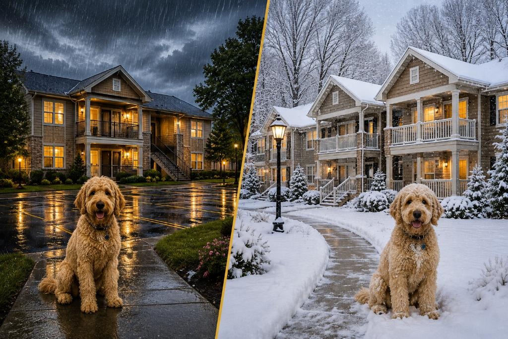Split image: left panel shows a well-maintained Midwestern rental property in heavy rain with a Golden Doodle in the foreground; right panel shows the same style property in a Wisconsin snowfall with a Golden Doodle sitting in fresh snow