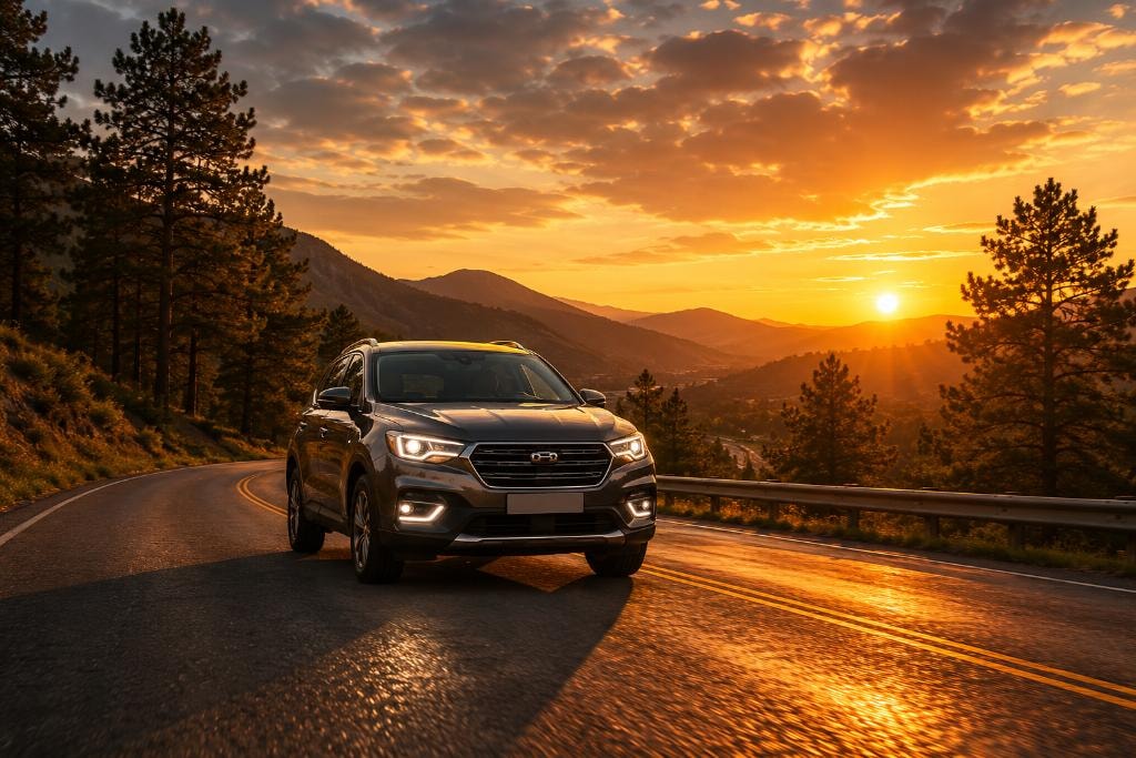 Luxury car at golden hour sunset