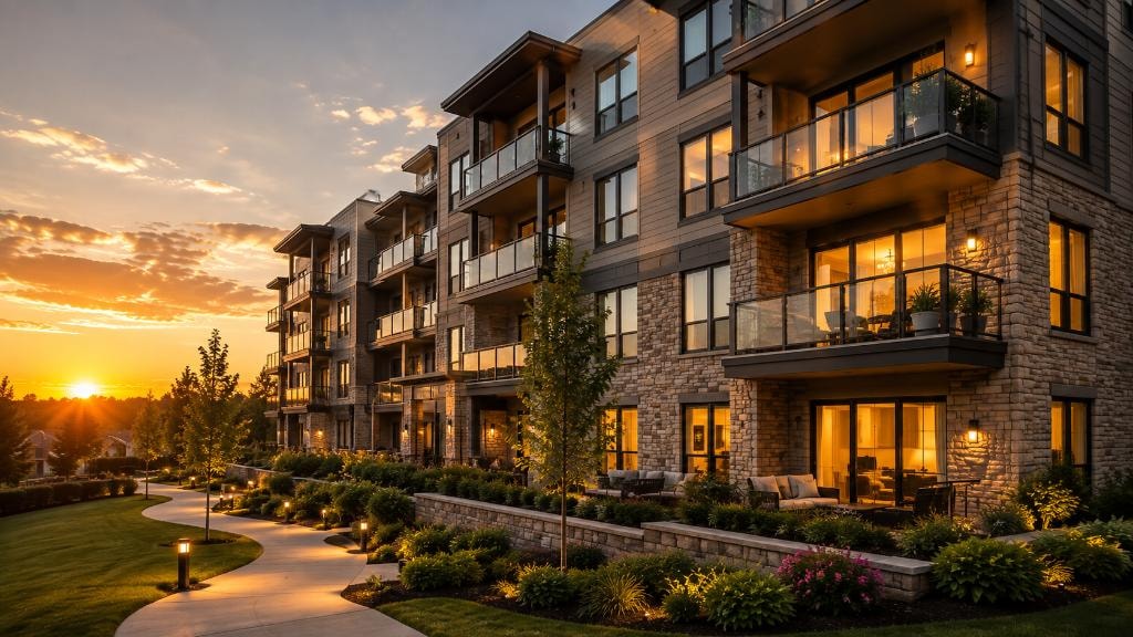 Luxury condo building at dusk