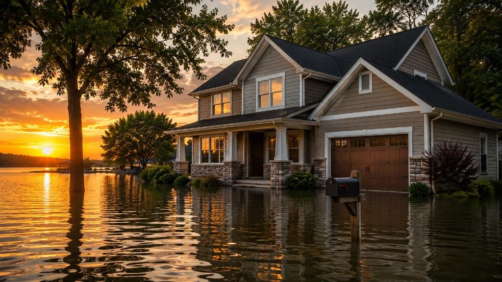 Waterfront home at sunset with golden reflections
