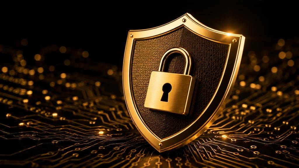 Gold shield with padlock on black digital circuitry background