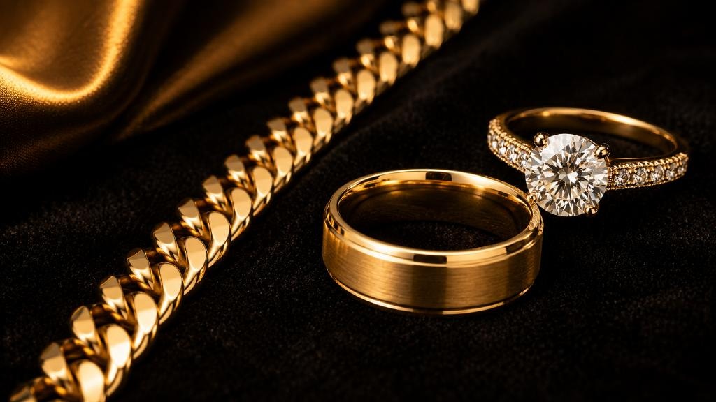 Diamond engagement ring, mens gold wedding band, and gold chain on black velvet