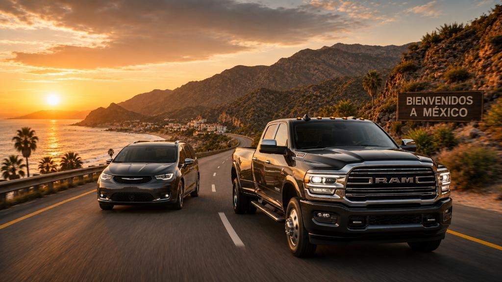 Luxury RAM pickup truck and family van on Mexican coastal highway at sunset with Bienvenidos a Mexico sign