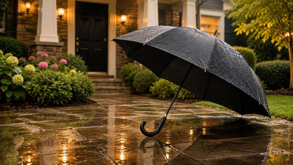 Black umbrella on wet driveway in front of illuminated home