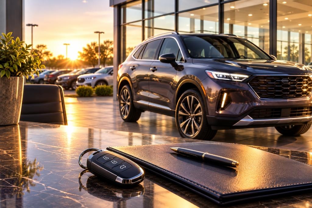 Luxury SUV at dealership showroom with key fob, portfolio, and pen on marble counter at golden hour — Loan/Lease & Vehicle Protection