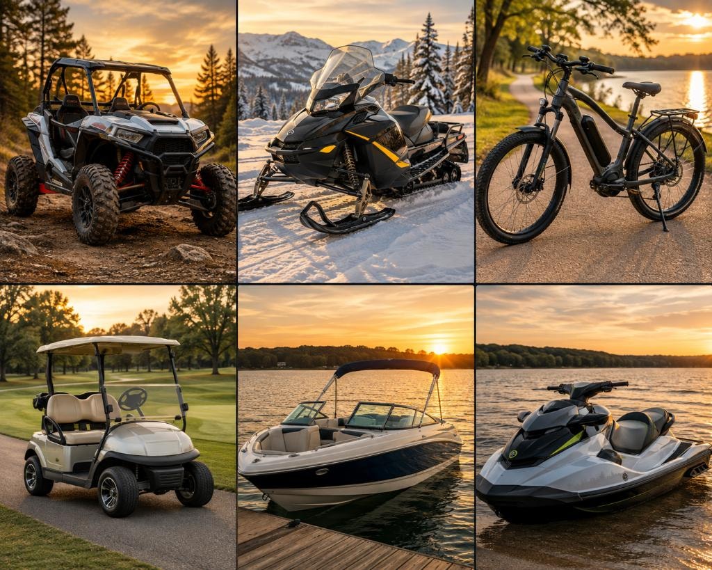 Six-panel collage of recreational vehicles: ATV/UTV, snowmobile, e-bike, golf cart, boat, and personal watercraft at golden hour — Recreational & Specialty Vehicles