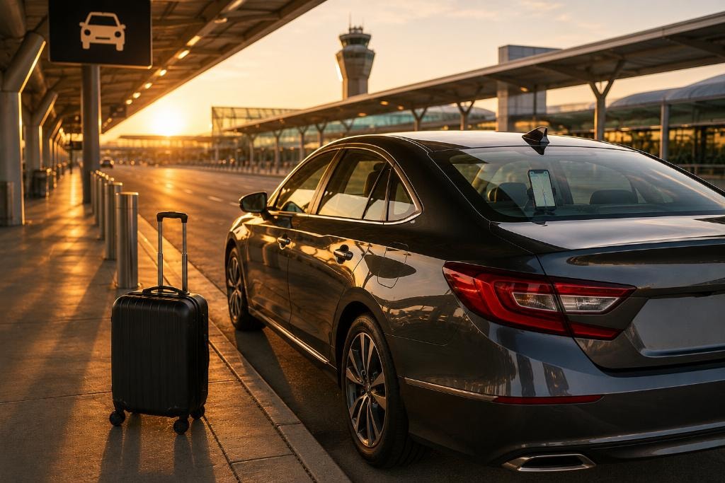 Dark sedan parked at airport departure area at sunset with suitcase — Rideshare Coverage