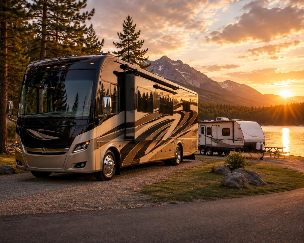 Large Class A motorhome and travel trailer parked at a lakeside campground at sunset with mountain backdrop — RV & Motorhome Insurance