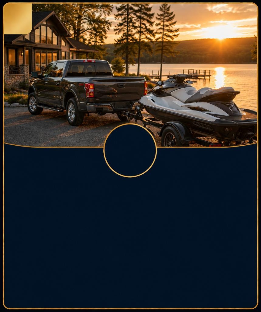 Pickup truck towing a jet ski at a lakeside home at sunset — Uninsured & Underinsured Motorist Coverage